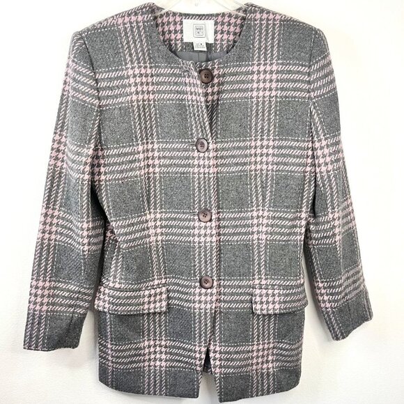 Amanda Smith Grey and Pink Plaid Recycled Wool Blend Coat Women's Size 8 EUC - Picture 1 of 12
